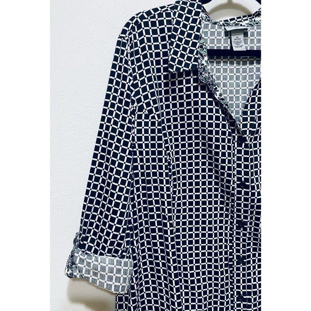 Catherines Top Womens 3X Black Window Pane Print Cotton 3/4 Sleeve Mature Career - Picture 5 of 8